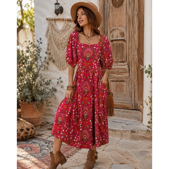 Vince Camuto Dresses & Skirts - Vince Camuto Pink Floral Paisley Puff Sleeve Midi Dress Cotton Sz8 Side Pockets
